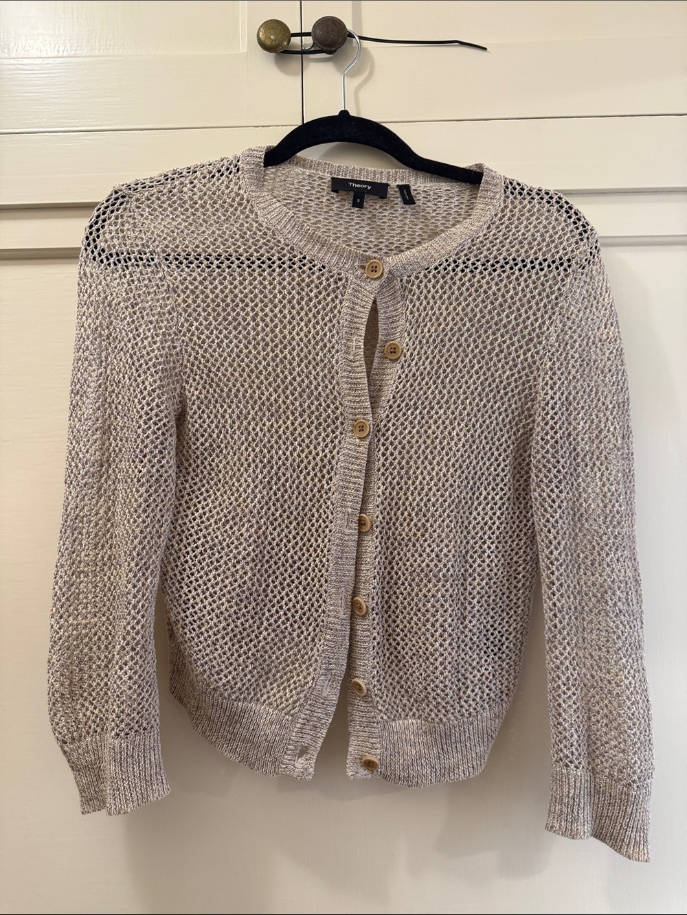 Theory Open-Weave Taupe Button-Front Cardigan